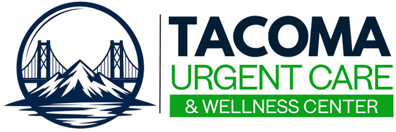 Tacoma Urgent Care & Wellness Center logo with blue bridge icon and green text