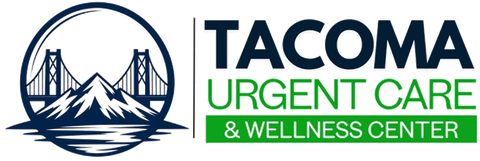 Tacoma Urgent Care & Wellness Center logo with blue bridge icon and green text