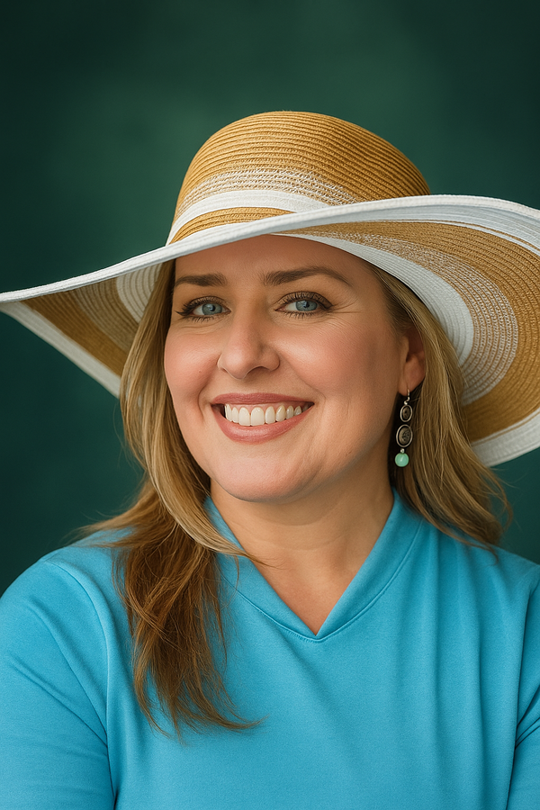 Smiling person in a straw hat and turquoise shirt against a green background
