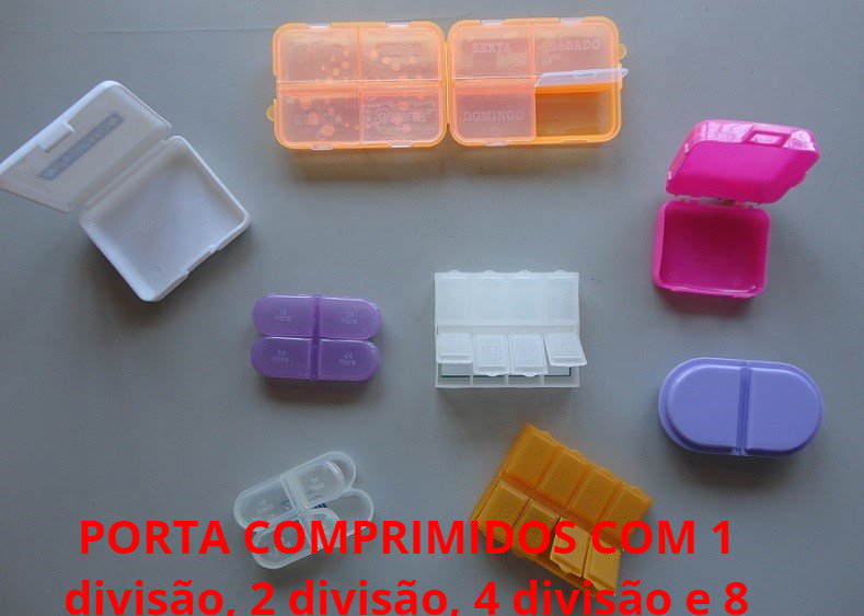 PORTA COMPRIMIDOS, COM 1 DIVISÃO, 2 DIVISÕES, 4 DIVISÕES E 8 DIVISÕES.