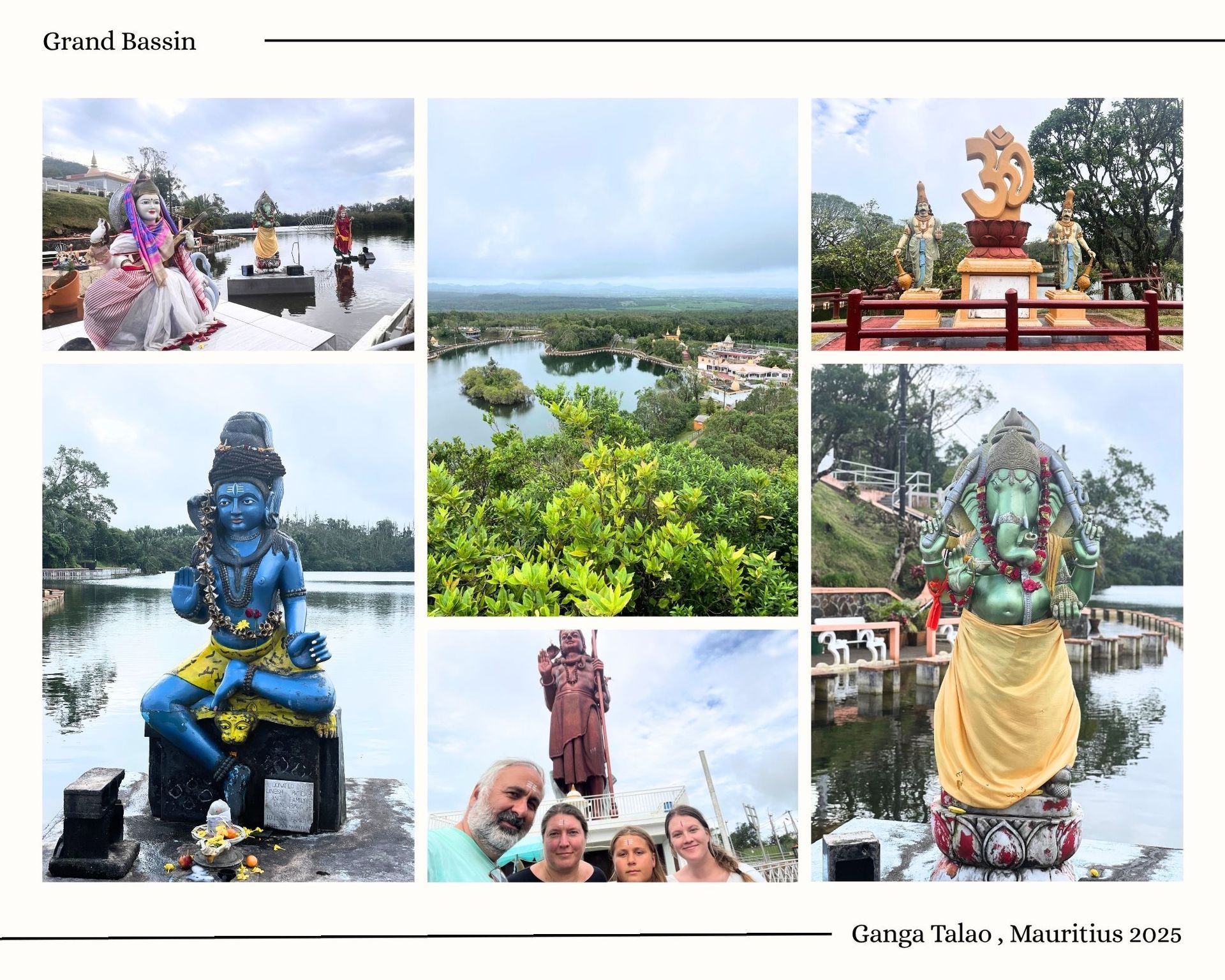 Mangal Mahadev Shiva statue overlooking the sacred Ganga Talao crater lake in Mauritius, surrounded by lush mountains and Hindu temples.