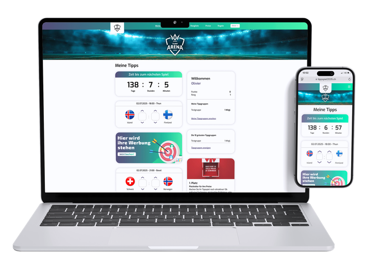 Ein Laptop und ein Smartphone zeigen ein Dashboard für Sportwetten mit Teamlogos, Spielstatistiken und Wett-Symbolen.