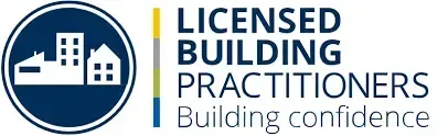 Logo for Licensed Building Practitioners, showing buildings and text 