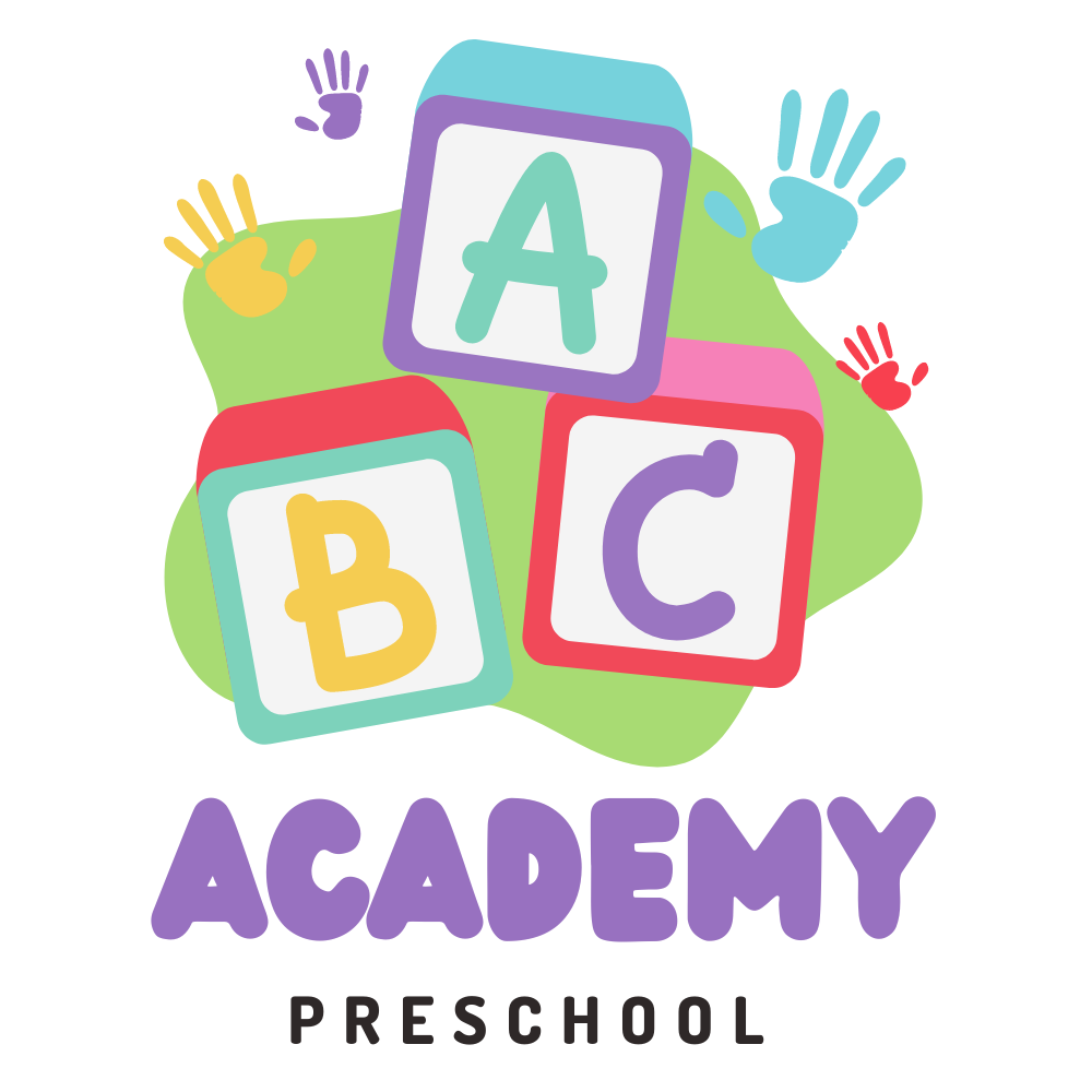 A logo for an academy preschool with blocks and hands.