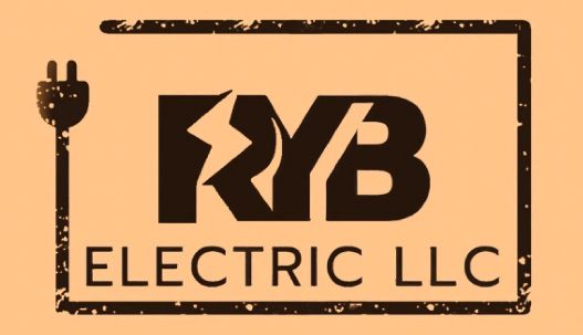 Logo for RYB Electric LLC featuring a dark brown power plug icon and stylized lettering inside a rustic rectangular frame.