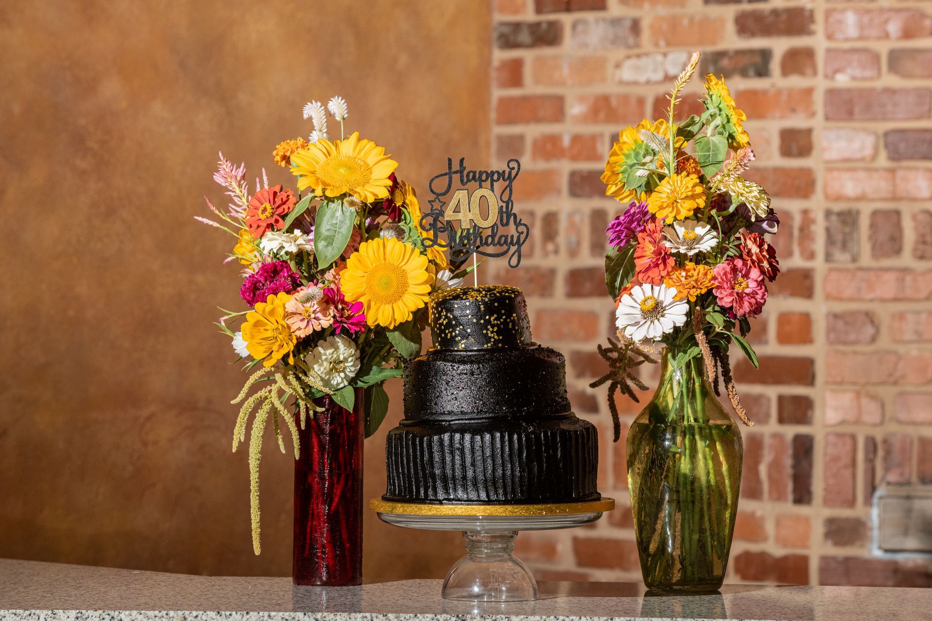 black three tier 40th birthday cake