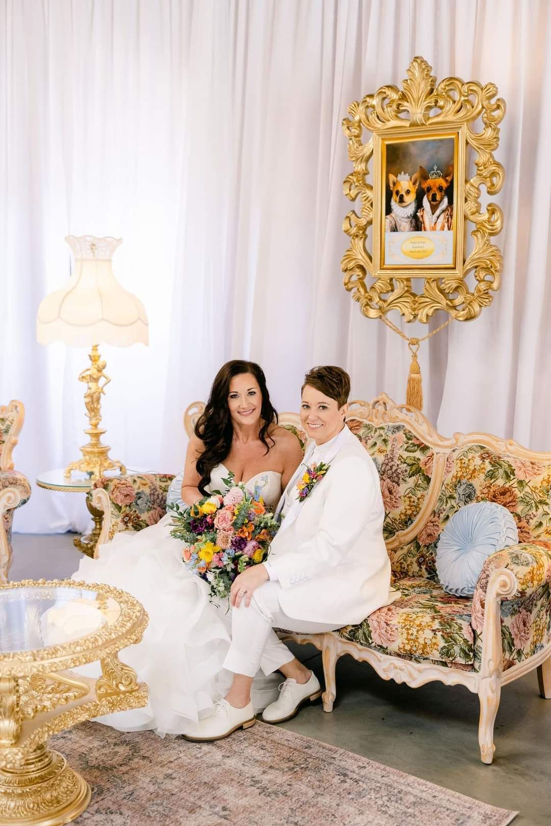 brides on vintage couch
