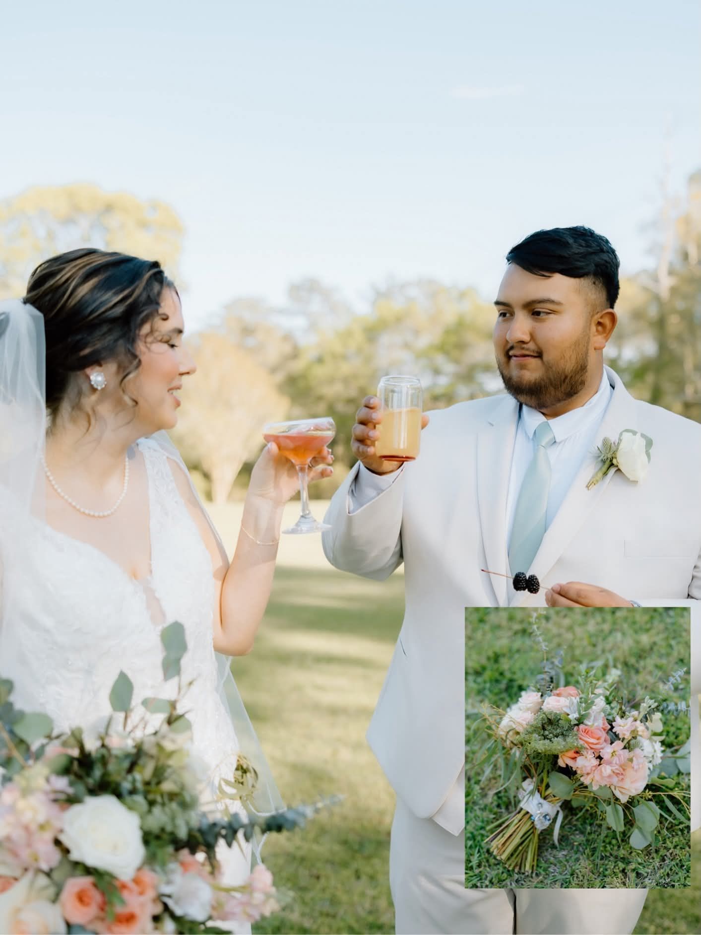 bride and groom drinking champagne