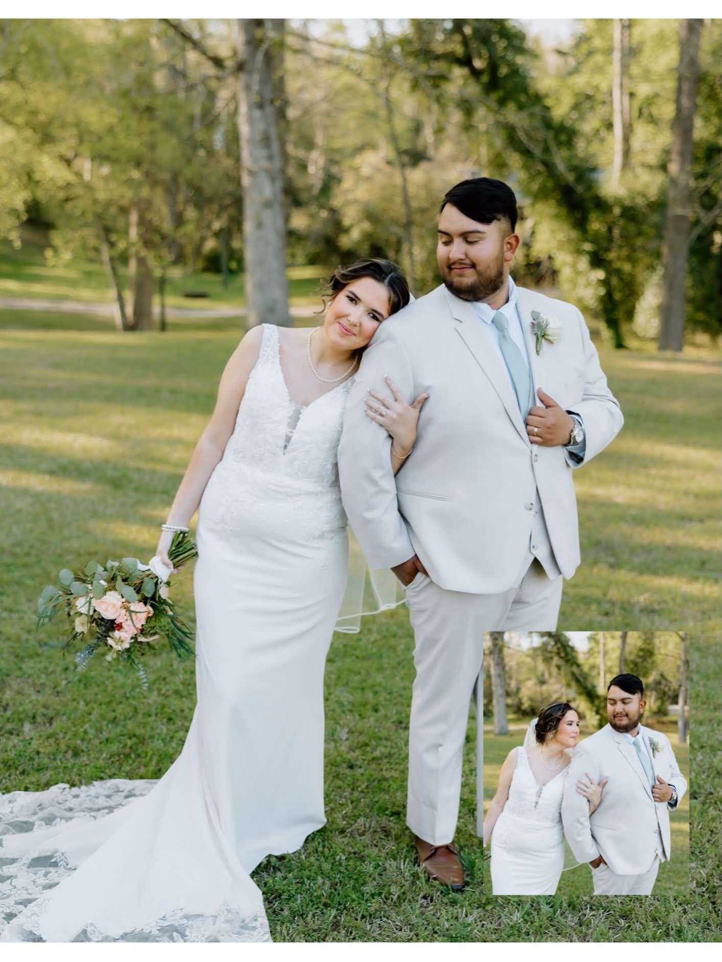 bride resting head on groom's shoulder