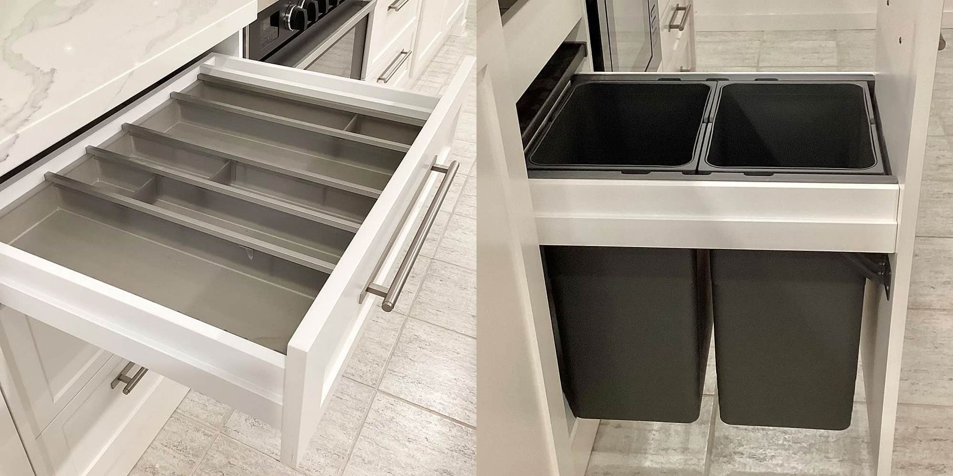 Two Pictures of a Kitchen Drawer and a Trash Can — Kenross Kitchens In Ettalong Beach, NSW