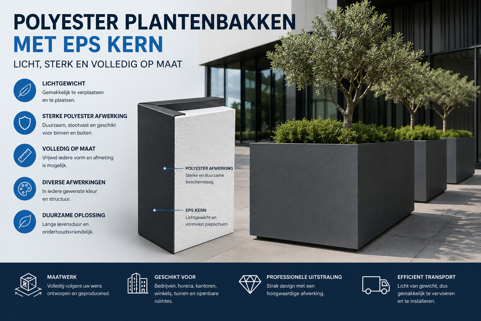 Polyester plantenbakken met EPS kern: licht, sterk en volledig op maat