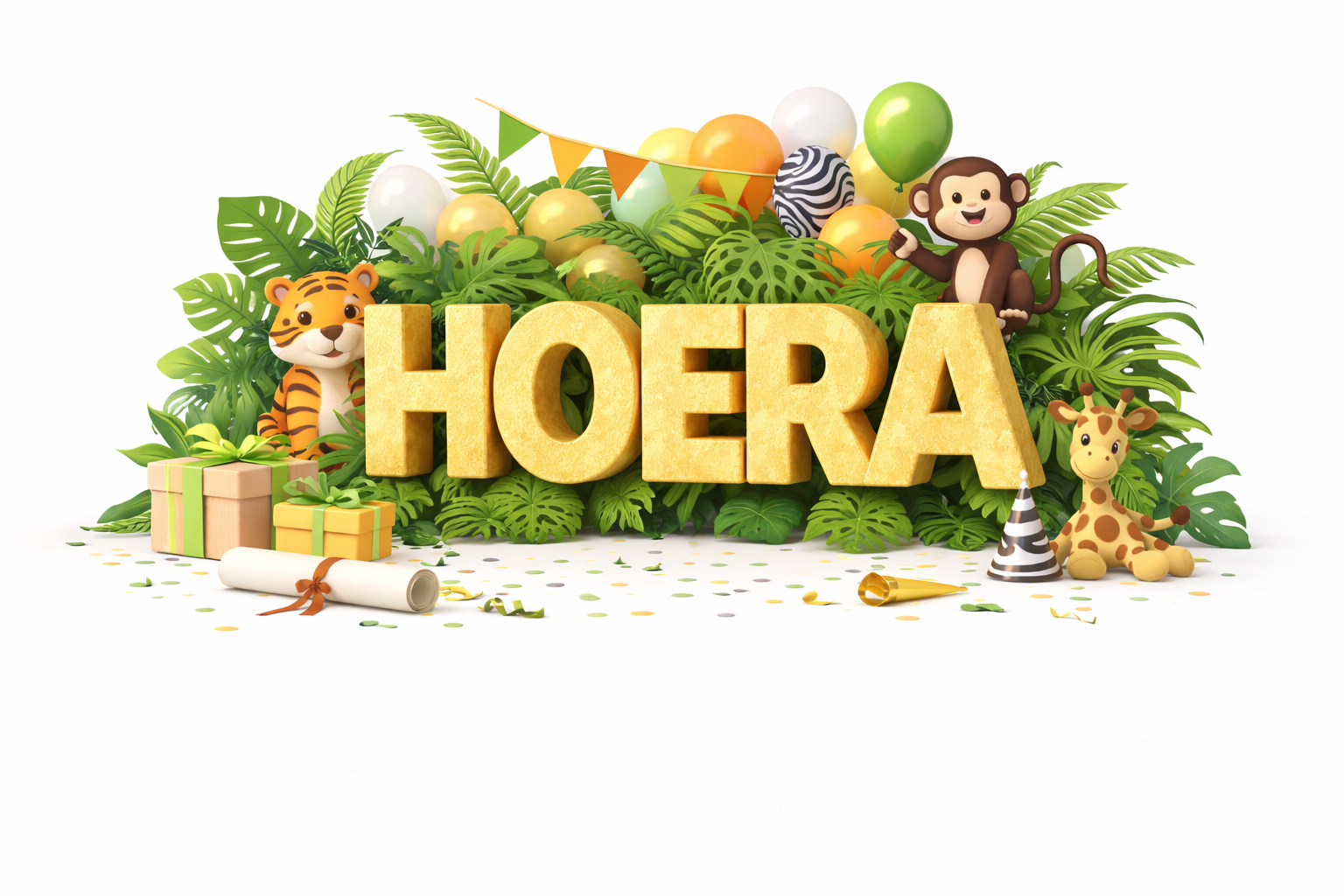 Voorbeeld feestletters: jungle thema met HOERA