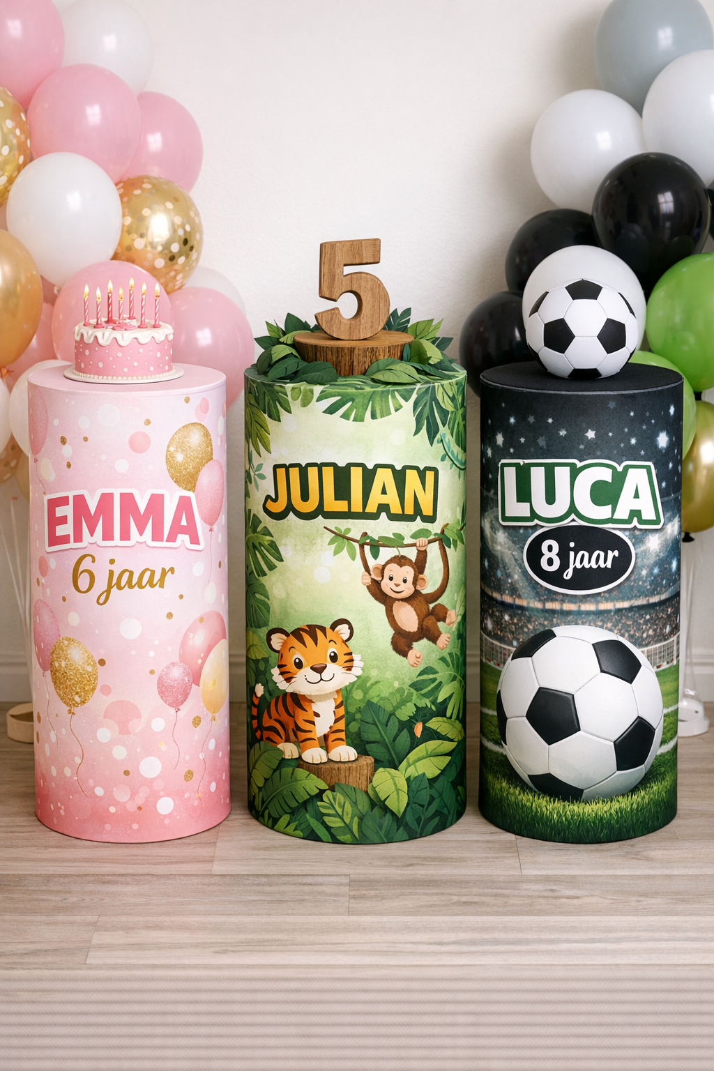 Feestzuil voorbeeld: EMMA 6 jaar met decoratieve feestopstelling