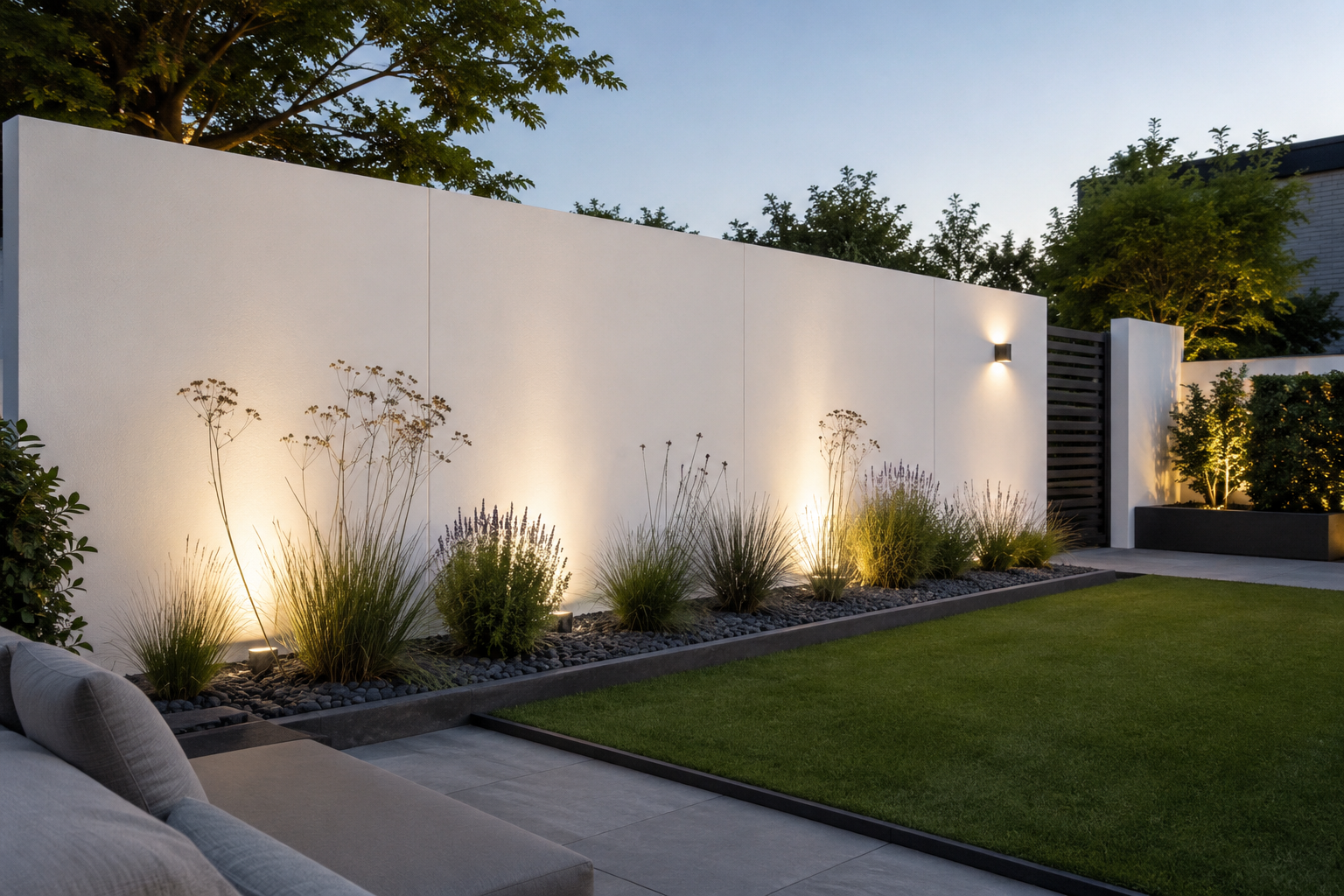 Witte polyester tuinwand in moderne tuin