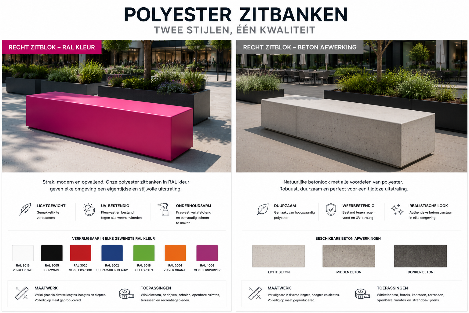 Afwerkingen polyester zitbanken RAL kleur betonlook structuur