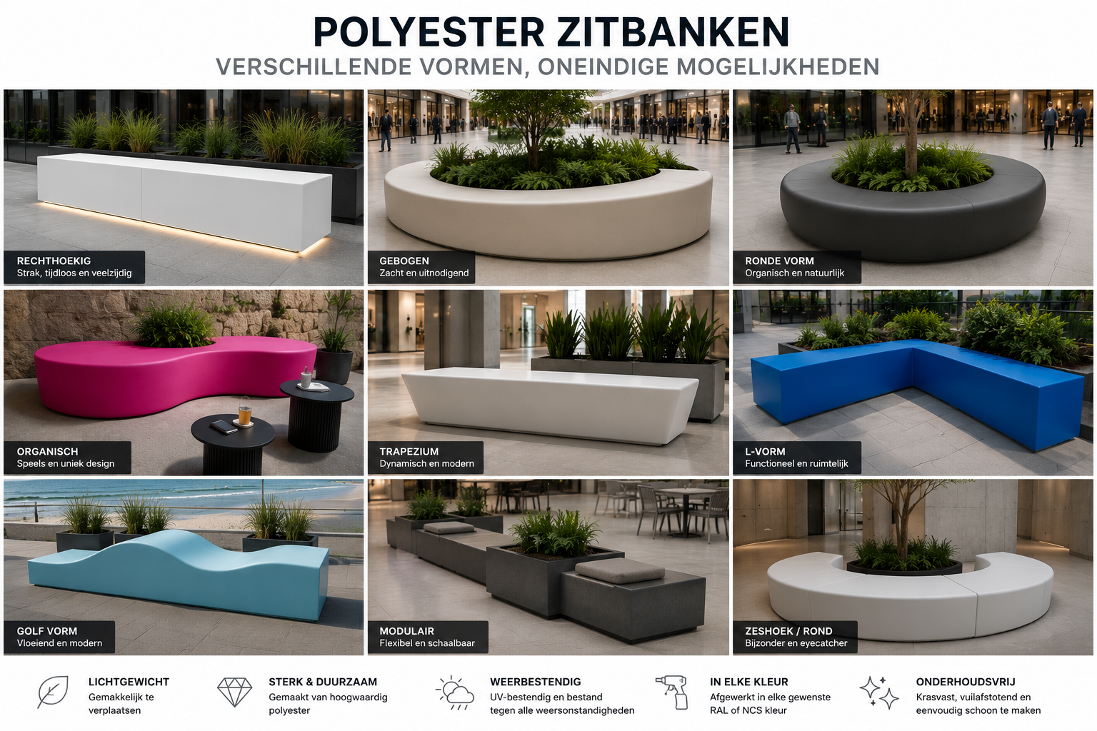 Verschillende vormen polyester zitbanken op maat