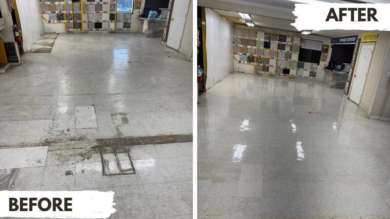 Before-and-after view of a repaired indoor floor, showing a cracked section fixed and polished.