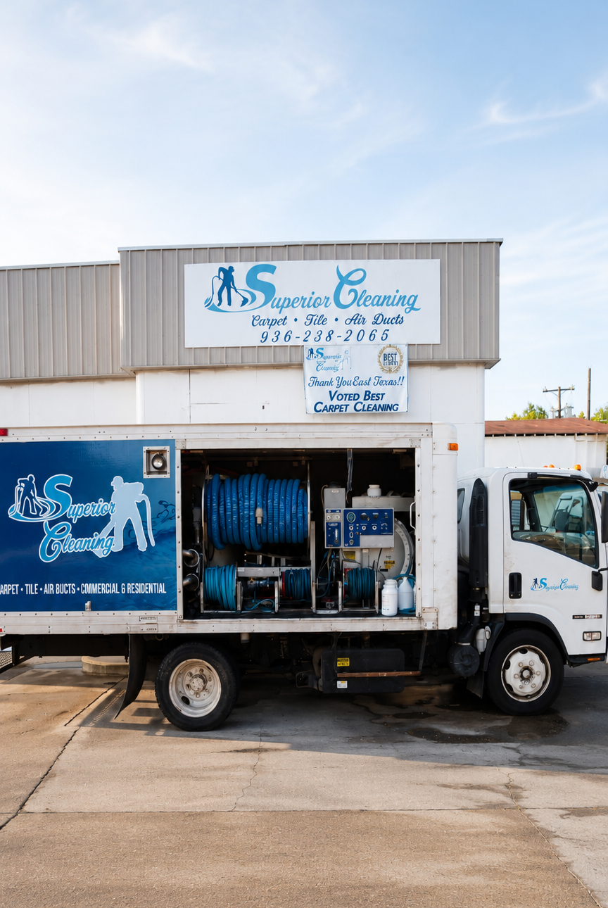 White service truck with blue equipment parked outside a building under a blue sky
