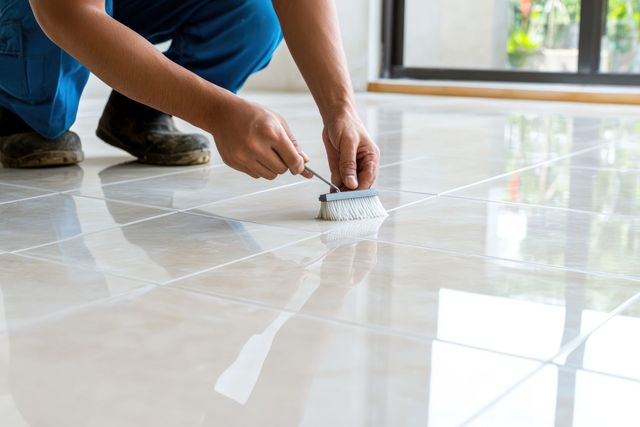 Person applying white grout to a glossy white tiled floor with a hand tool