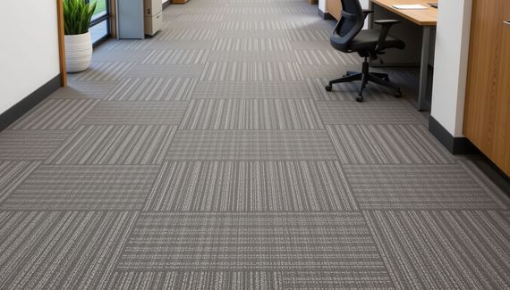 Office hallway with gray patterned carpet, desks, chairs, and a potted plant along the walls