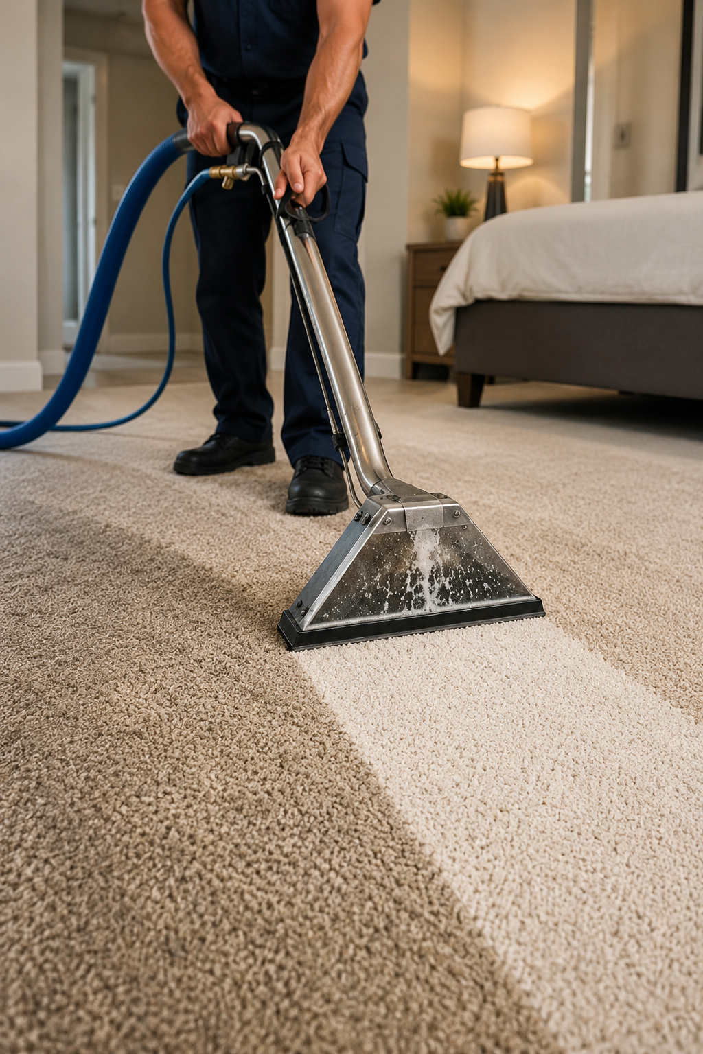 Carpet cleaner using a blue hose to deep-clean a beige carpet in a bedroom