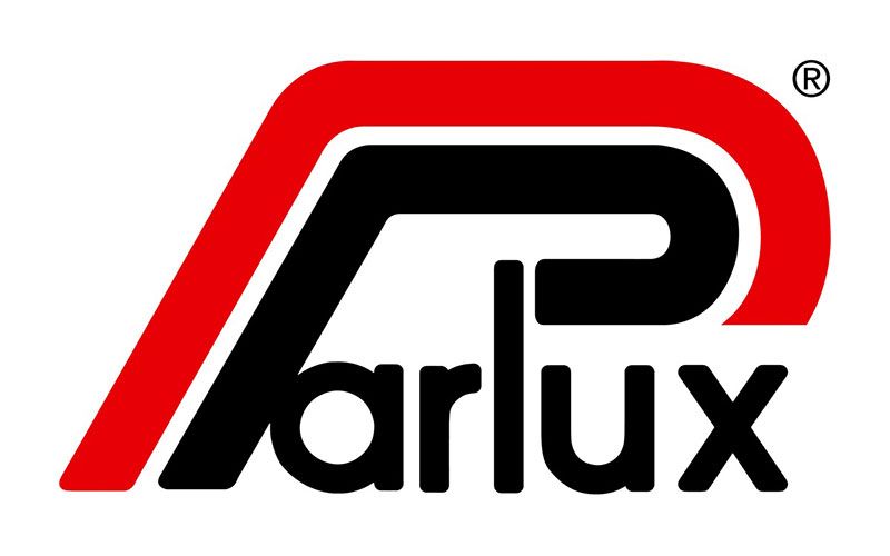 Logo Parlux in rosso, nero e bianco con una