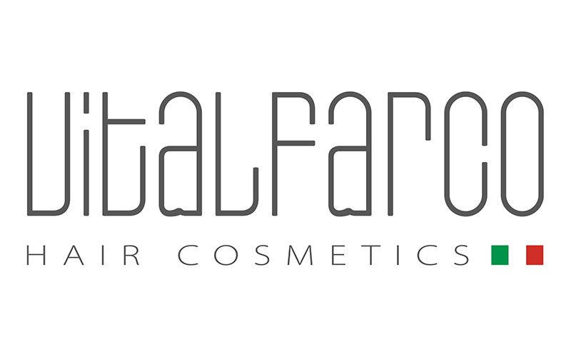Logo VITALFRACO Hair Cosmetics in grigio con quadrati verdi e rossi