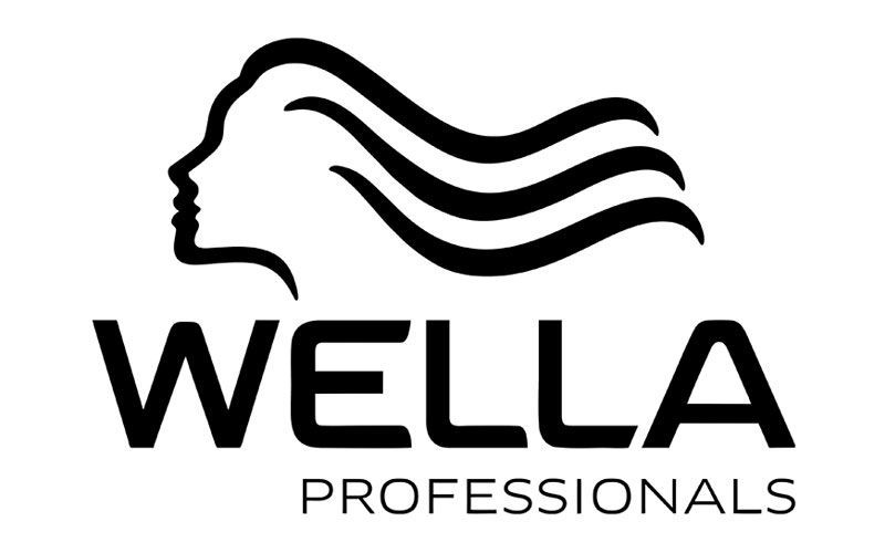 Logo Wella Professionals con profilo nero stilizzato e capelli fluenti sopra il nome del marchio.