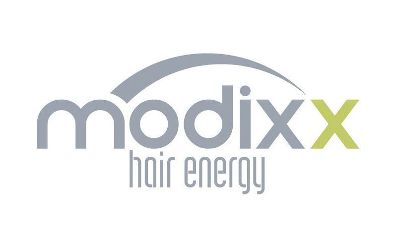 Logo Modixx Hair Energy in grigio e verde lime.
