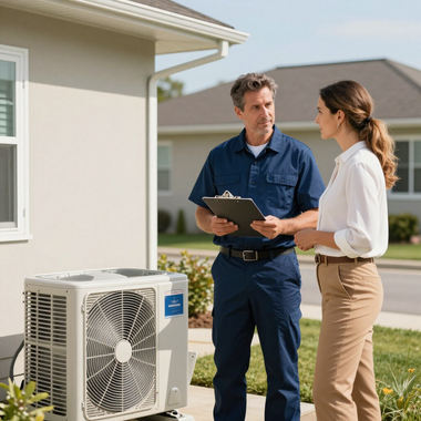HVAC technician showing inspection notes to homeowner beside outdoor air conditioner unit