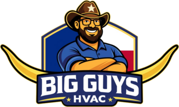 Big Guys HVAC logo with smiling cowboy mascot, blue and gold banner, and horn accents