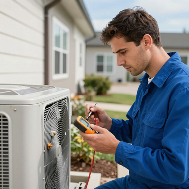 Technician using a multimeter to inspect an outdoor air conditioner unit outside a house
