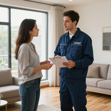 A technician in blue uniform discusses paperwork with a woman in a bright living room.