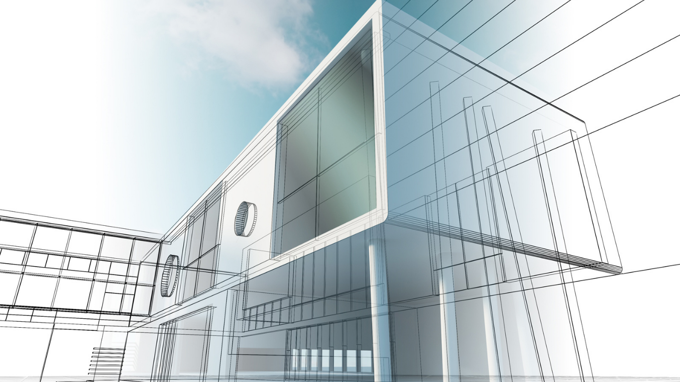 Modern glass building facade with white structural frame and sketch-style architectural lines