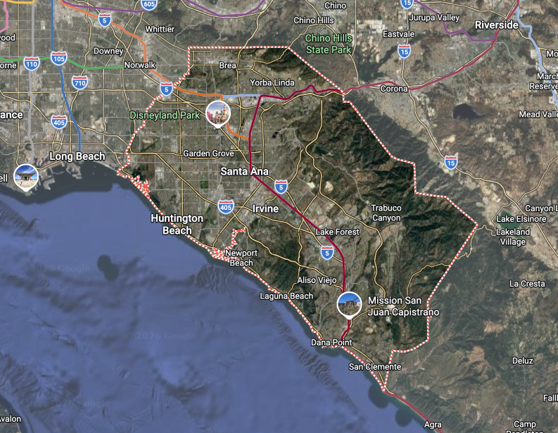 Satellite map of the California coast with a red-outlined region and city labels near the Pacific Ocean