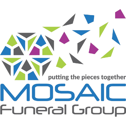 The logo for the mosaic funeral group is colorful and says putting the pieces together.