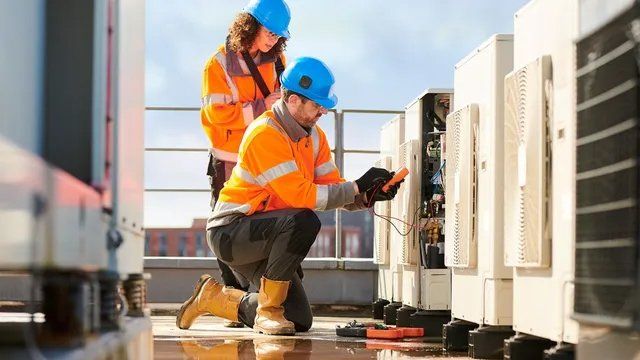 Two HVAC technicians in safety gear working on rooftop air conditioning units.