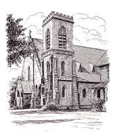 Black & White sketch shows a stone church with a tall tower, trees, and clouds in the background.