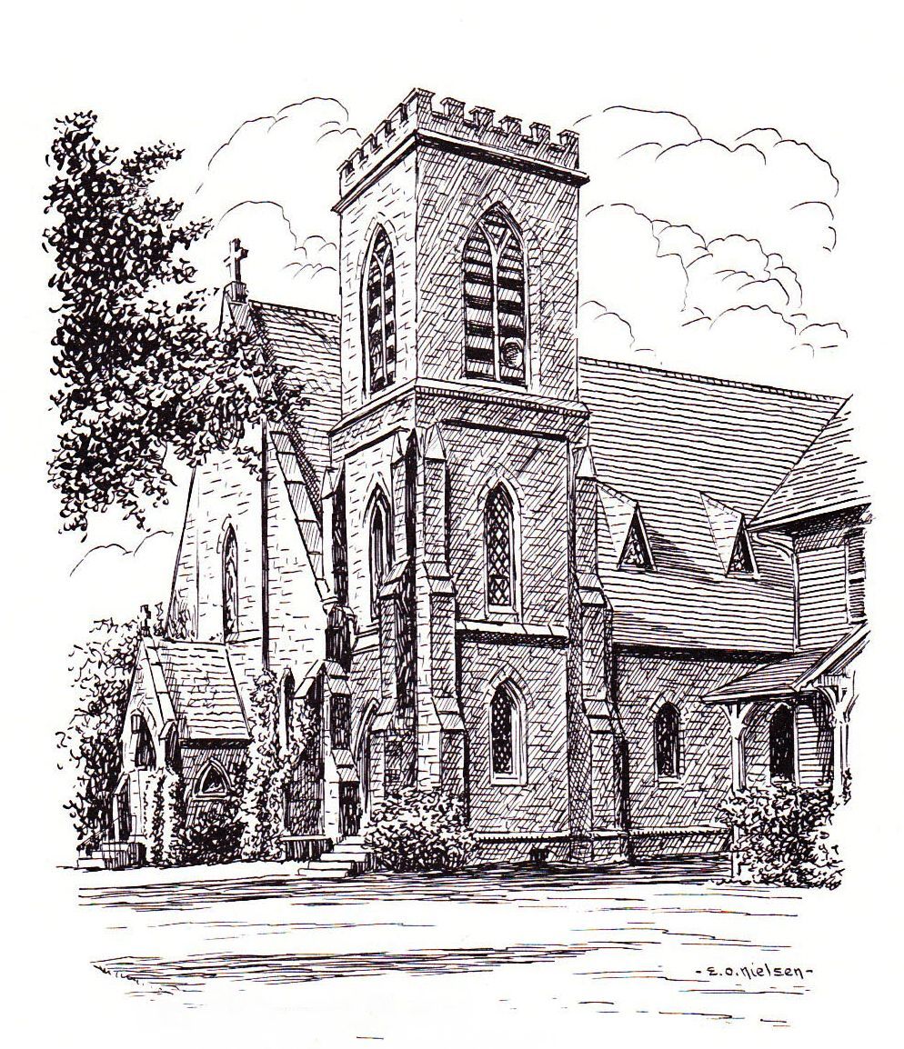 Black & White sketch shows a stone church with a tall tower, trees, and clouds in the background.