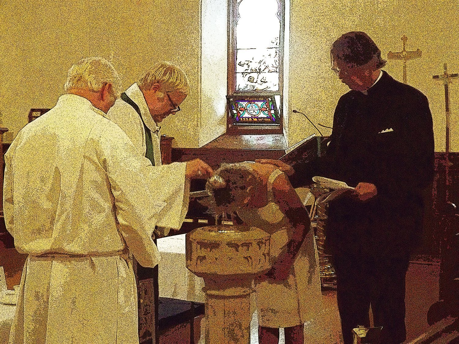 Pastor Charlie Hamill conducting an Adult Baptism ceremony with surrounding assistance