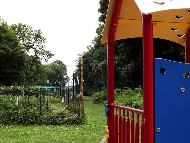 A colorful playground structure stands beside a grassy, tree-lined garden fence in the back churchyard  