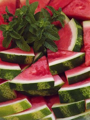 Watermelon wedges are arranged around fresh mint leaves