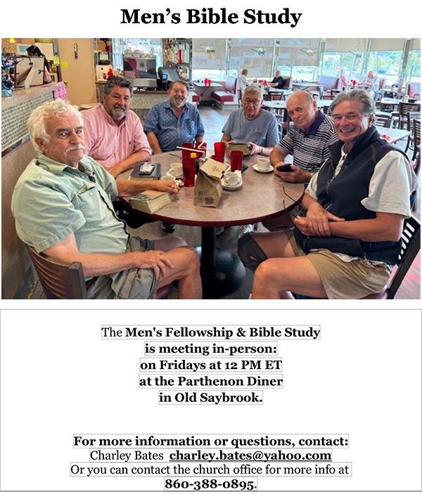 Men’s Bible Study flyer w/5 men at a restaurant table & meeting details below