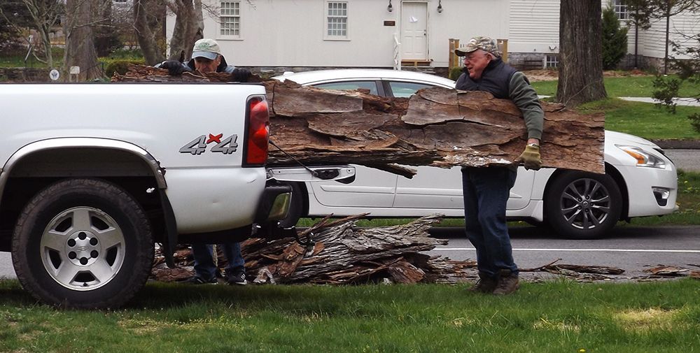 People load large pieces of tree trunk debris into a pickup truck for disposal
