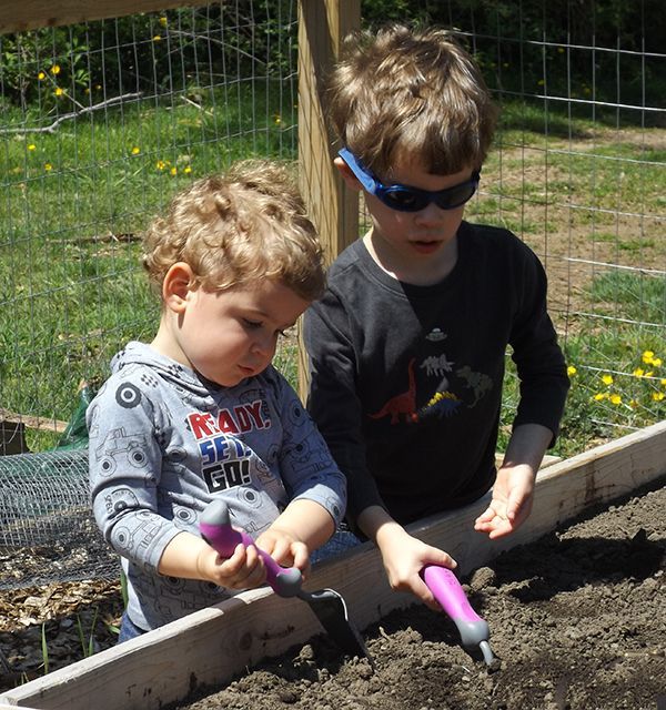 Two young boys dig in a raised garden bed with small trowels on a sunny day.