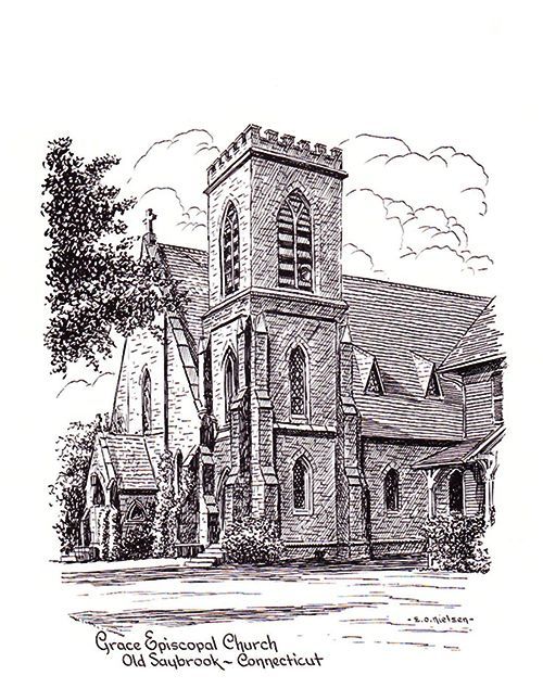 Black & White sketch shows a stone church with a tall tower, trees, and clouds in the background.