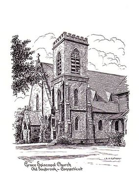 Black & White sketch shows a stone church with a tall tower, trees, and clouds in the background.