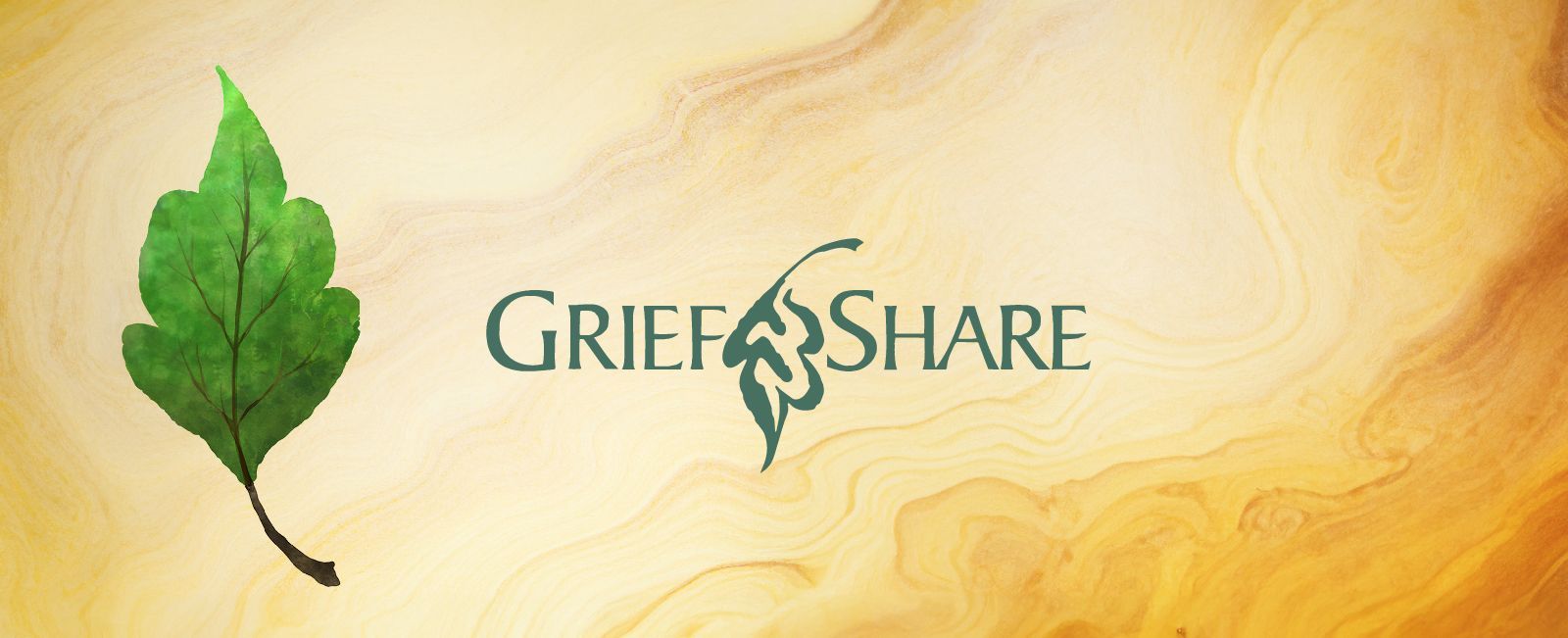 GriefShare logo w/green leaf rests on a warm beige & gold background