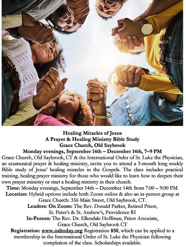 People hold hands in a prayer circle over an event flyer for a ministry study and worship program