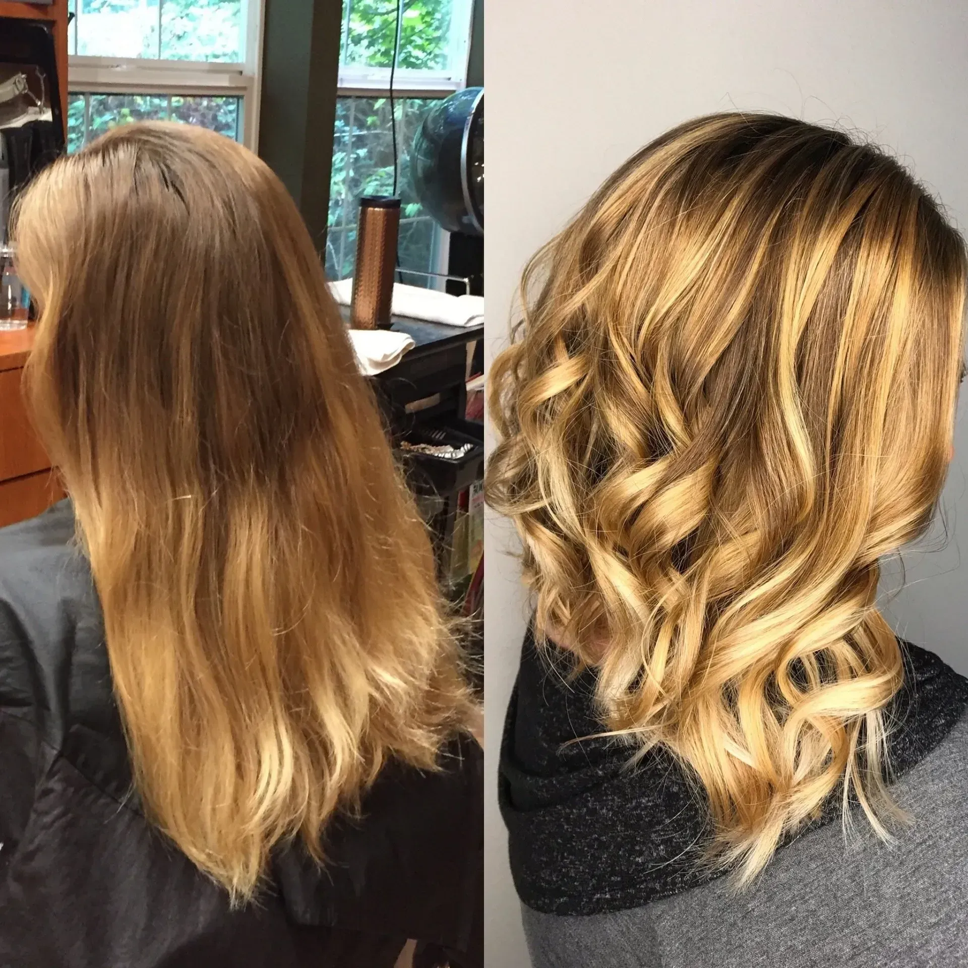 Hair transformation: long straight blonde hair to curled blonde updo in a salon.